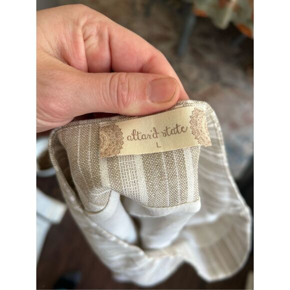 ALTAR'D STATE White Tan Stripe Ruffle Button Mini Skirt, Size Large - Picture 7 of 9